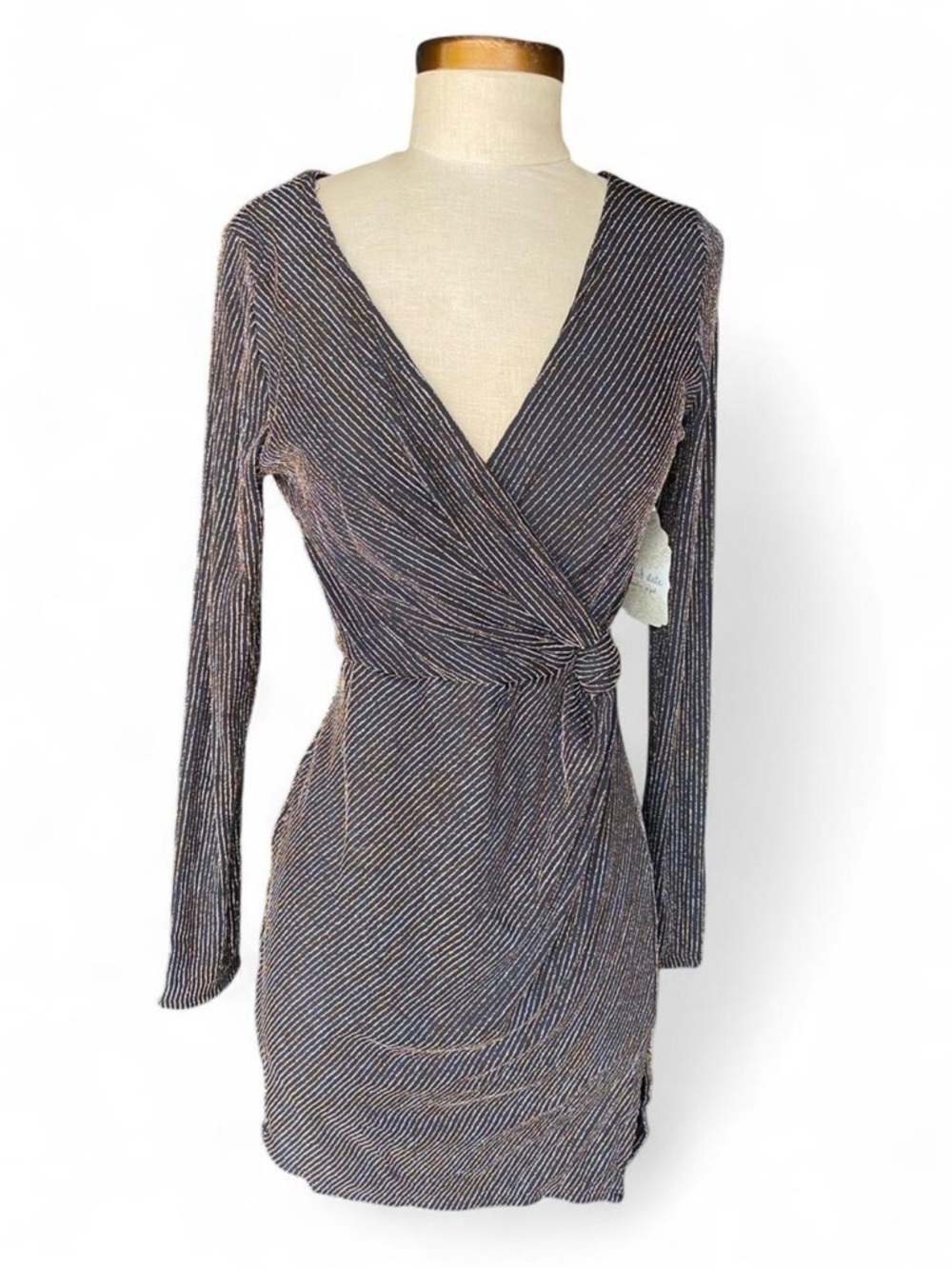 Silver & Gold Stripe Wrap Dress with Long Sleeves